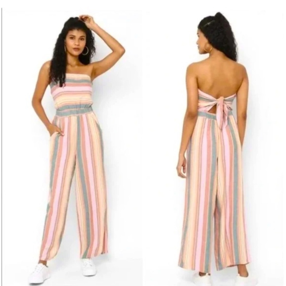 NWT AE Linen Blend Striped Strapless Jumpsuit, size small